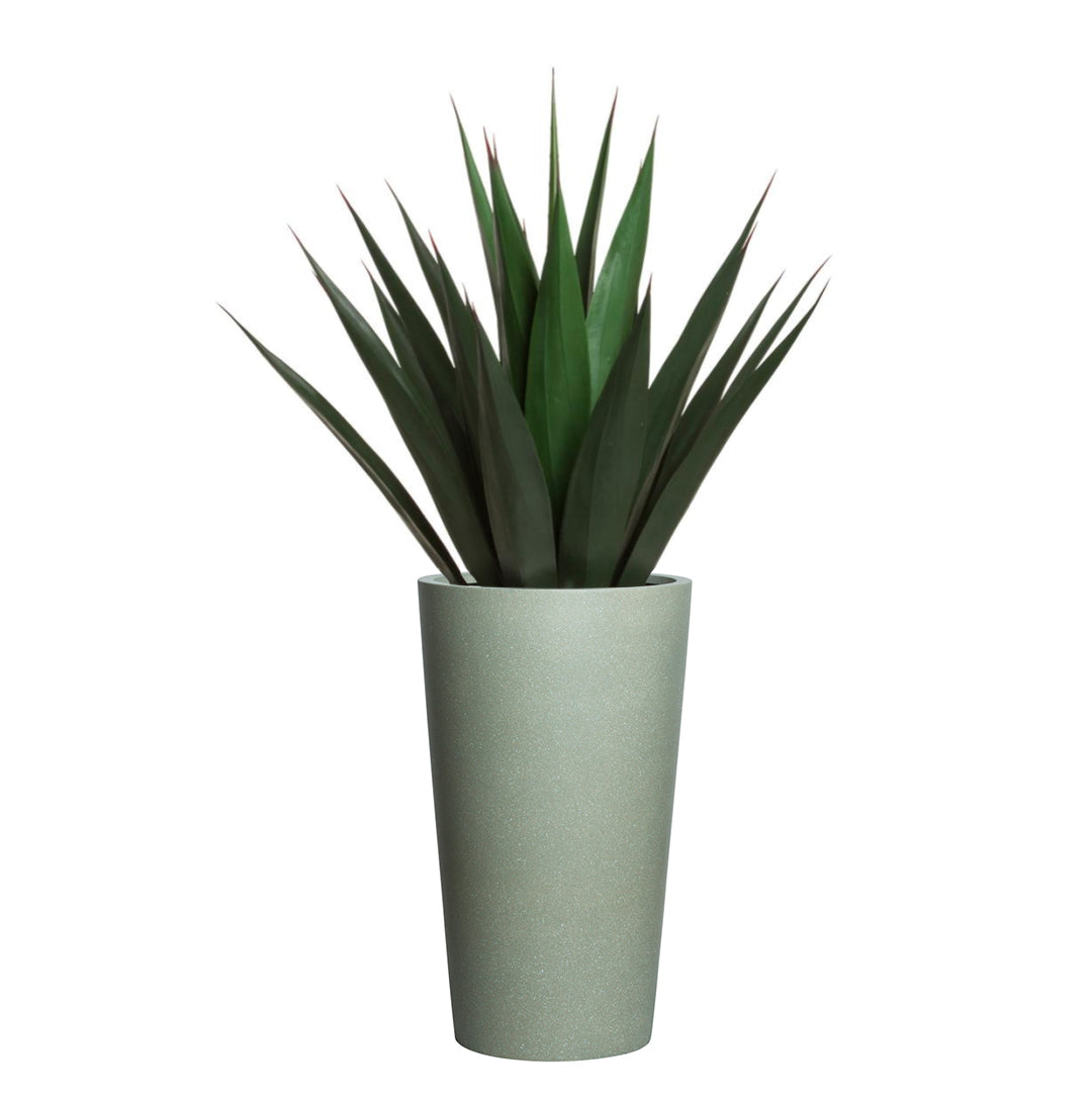 Realistic artificial agave plant with green spiky leaves in a tall greenish-grey planter