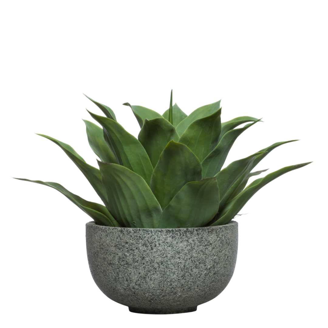 Artificial agave plant in round gray stone planter, modern botanical decor