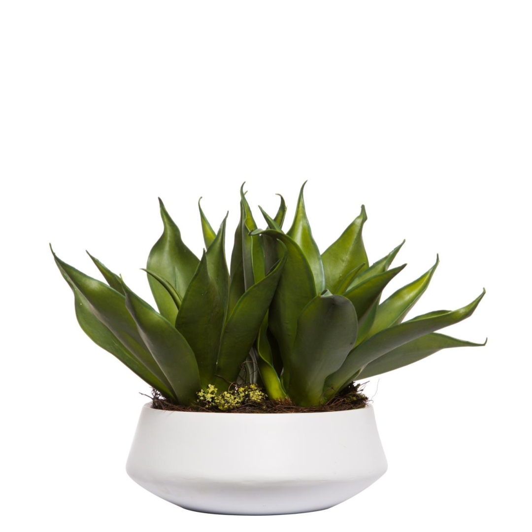 Artificial agave plant in white round ceramic pot, realistic green leaves, home decor