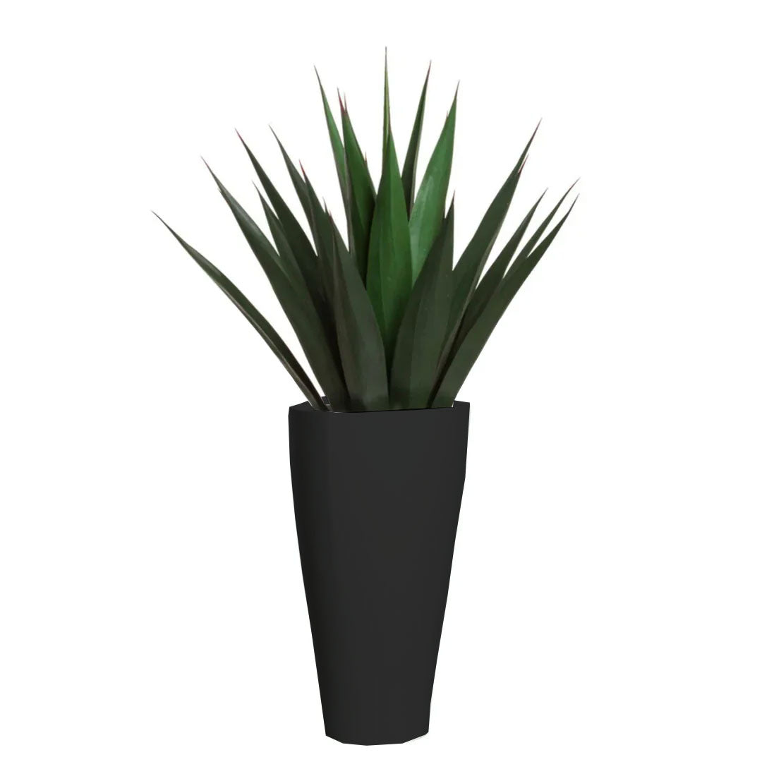 Artificial agave plant in a tall black triangle planter, modern indoor decor