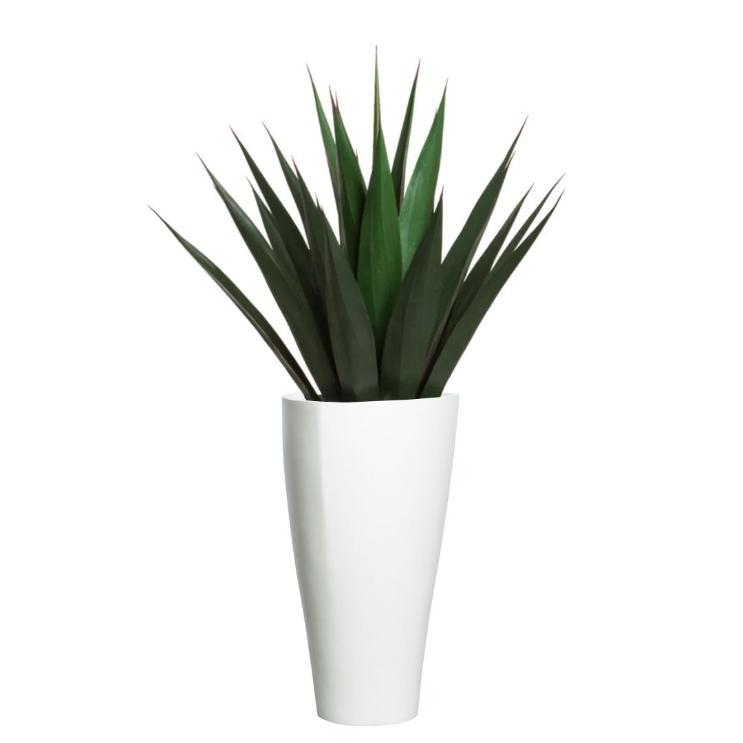 Artificial agave plant with green leaves in a modern white planter on white background