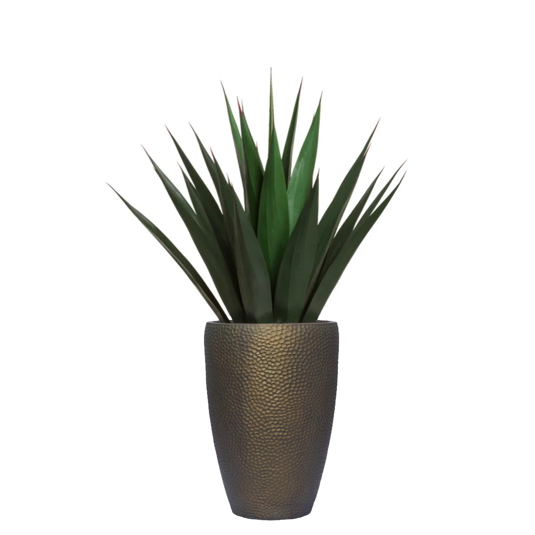 Artificial agave plant in a textured bronze pot on white background, modern decor