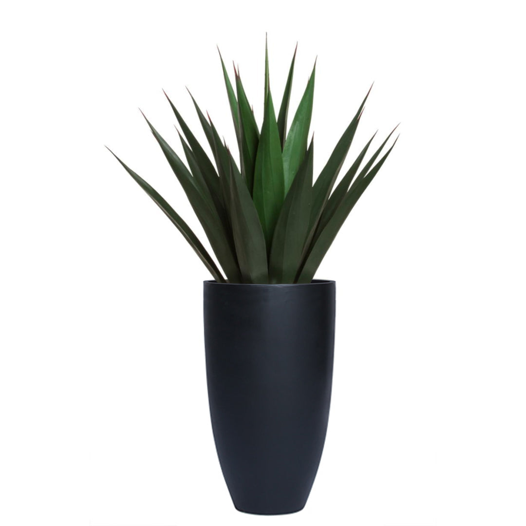Artificial agave plant in tall black pot with realistic green leaves, modern décor