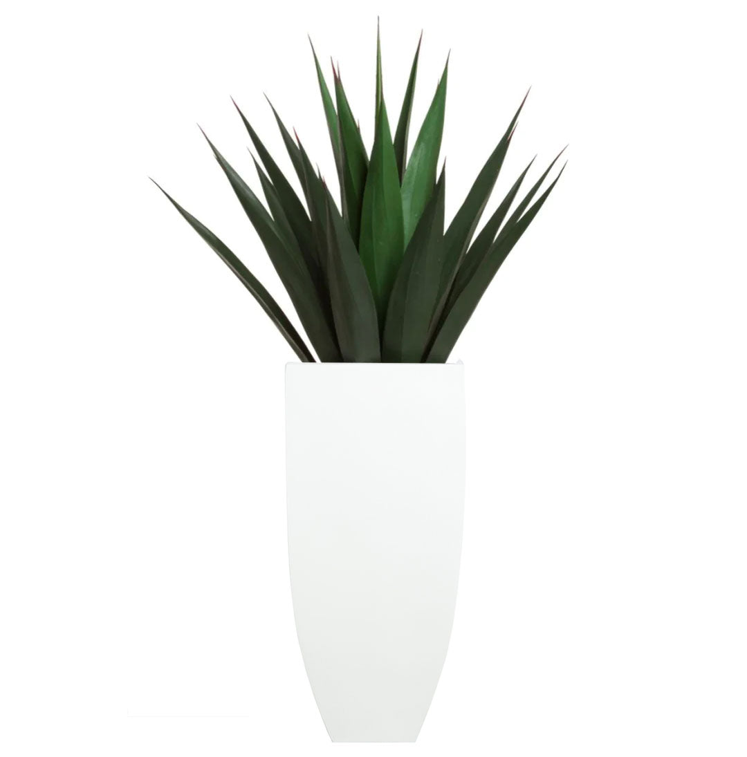 Artificial agave plant in modern white planter, realistic green leaves, indoor decor