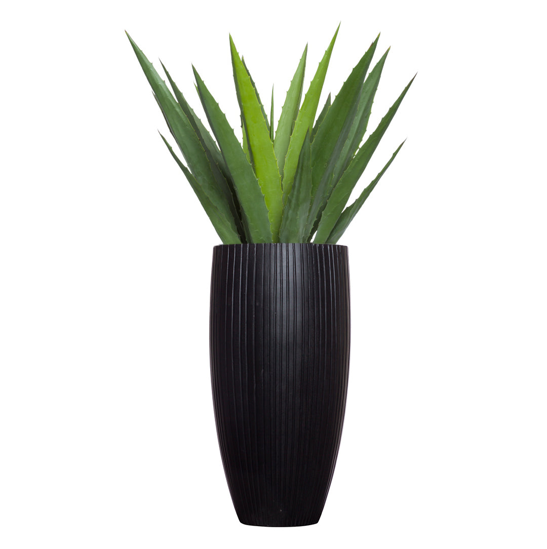 Artificial aloe plant in tall ribbed black planter on white background
