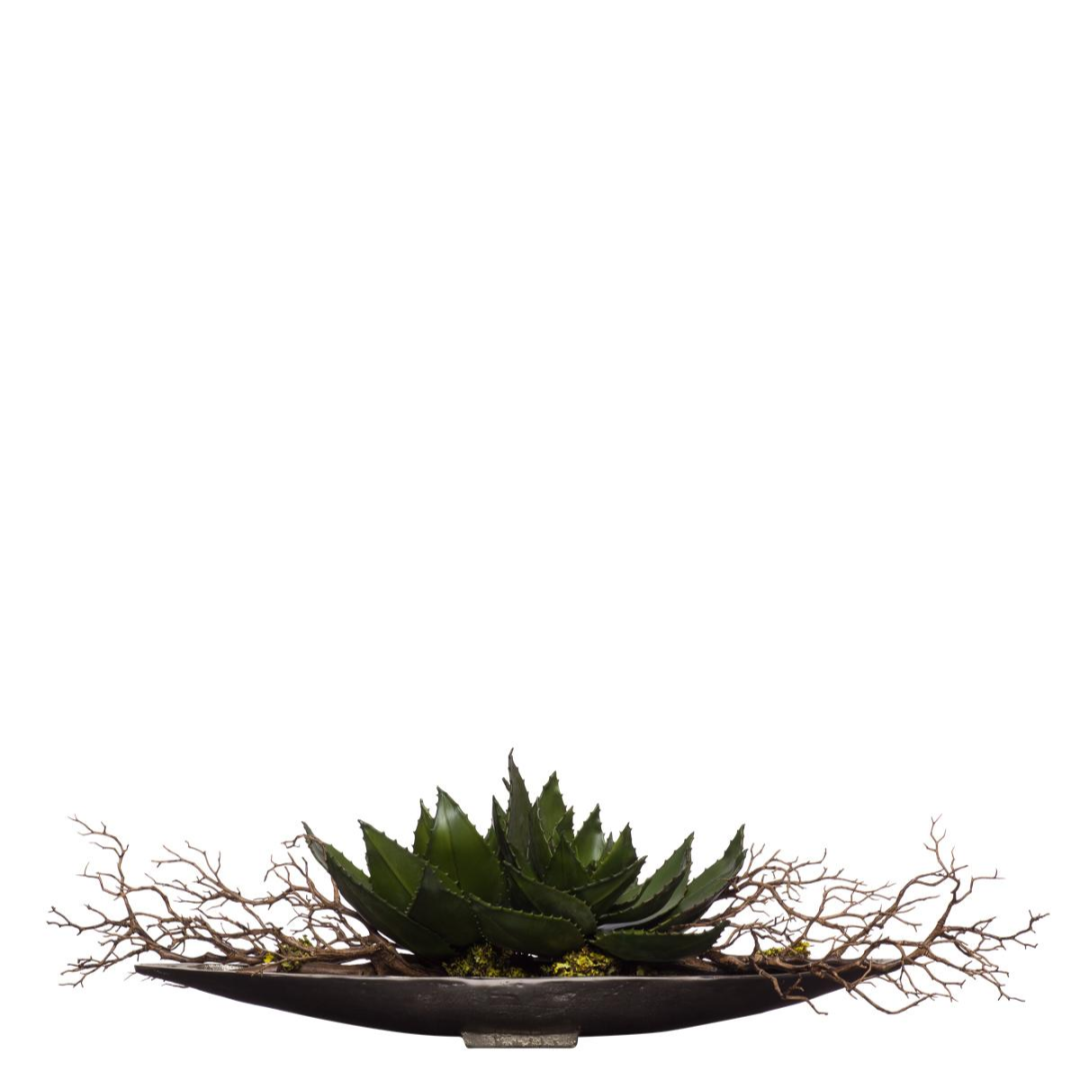 Artificial aloe plant and manzanita branches in a modern black oval planter