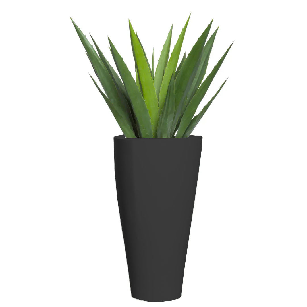 Artificial aloe plant in tall matte black planter, modern decorative greenery