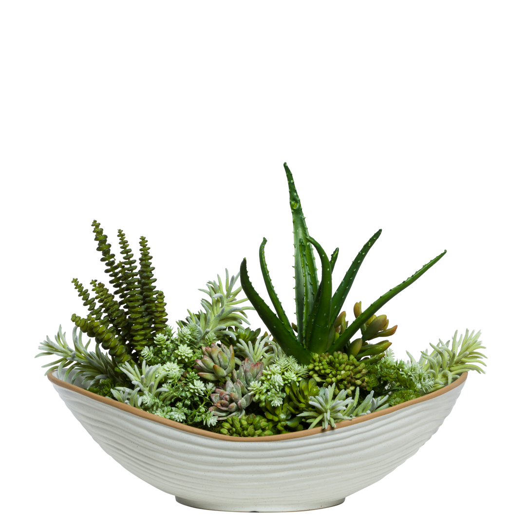 Artificial aloe and succulent mix in a modern white ceramic bowl