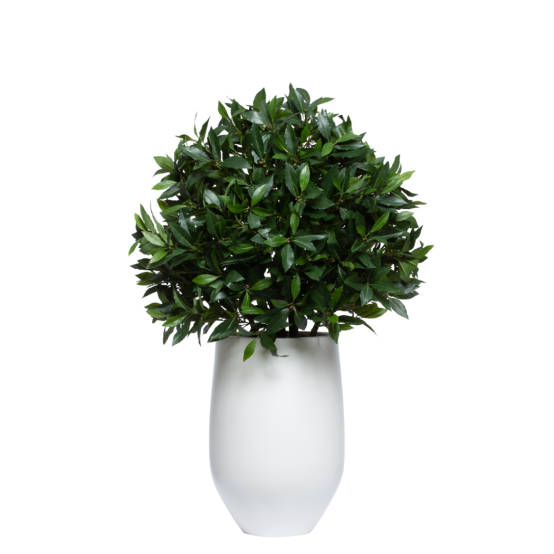 Faux bay leaf topiary in a modern white planter, realistic artificial plant decor