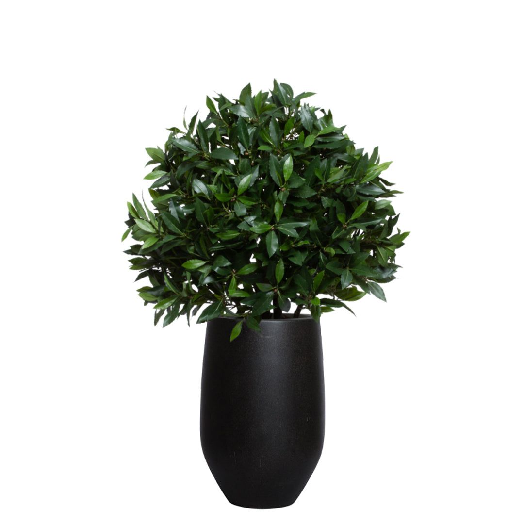 Artificial bay leaf topiary in a sleek black planter, realistic greenery decor