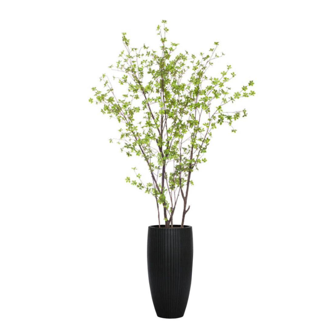 Artificial birch tree with green leaves in a tall black ribbed planter