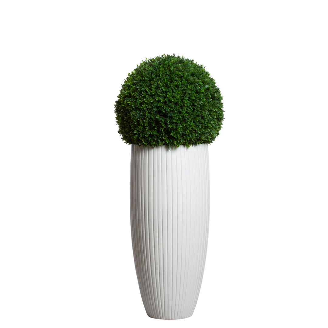 Artificial boxwood topiary ball in tall ribbed white planter, modern home decor