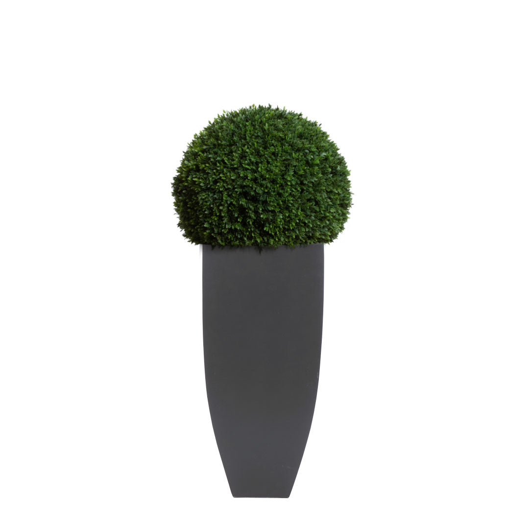 Artificial boxwood ball topiary in sleek tall black planter