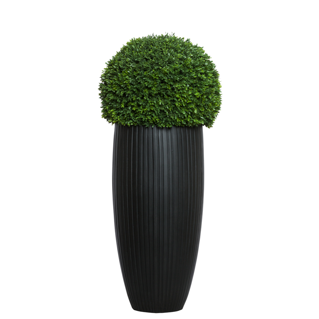 Artificial boxwood ball topiary in tall black ribbed planter