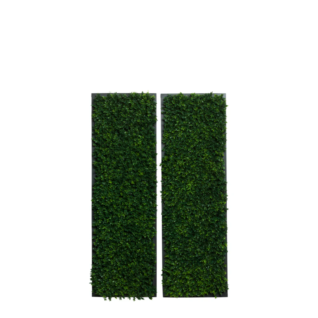 Pair of rectangular artificial boxwood panels with dense green foliage on white background