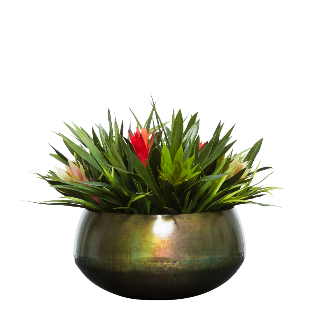 Artificial bromeliads mix arrangement in a metallic round planter