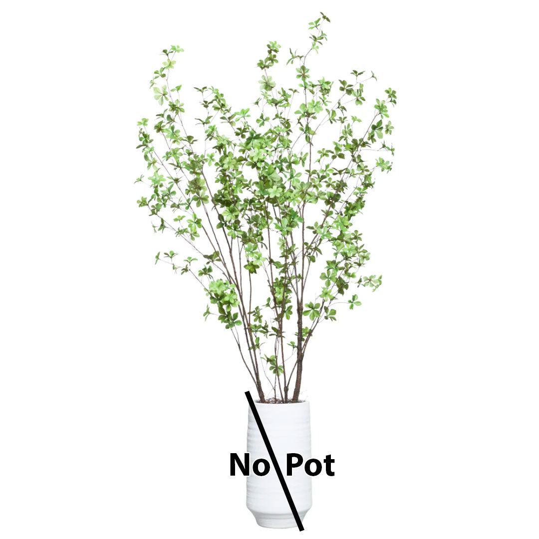 Artificial green leafy branch arrangement with multiple stems, no pot included, on white background