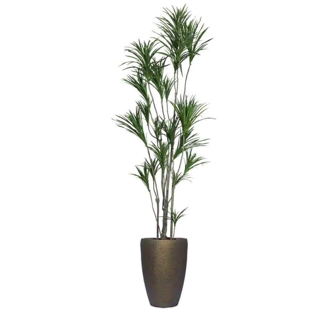 Artificial Dracaena plant with green leaves in tall bronze textured planter