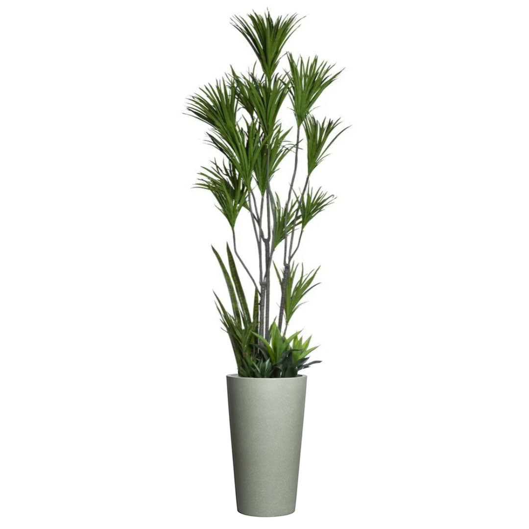 Artificial dracaena plant with long green leaves in a tall grey planter