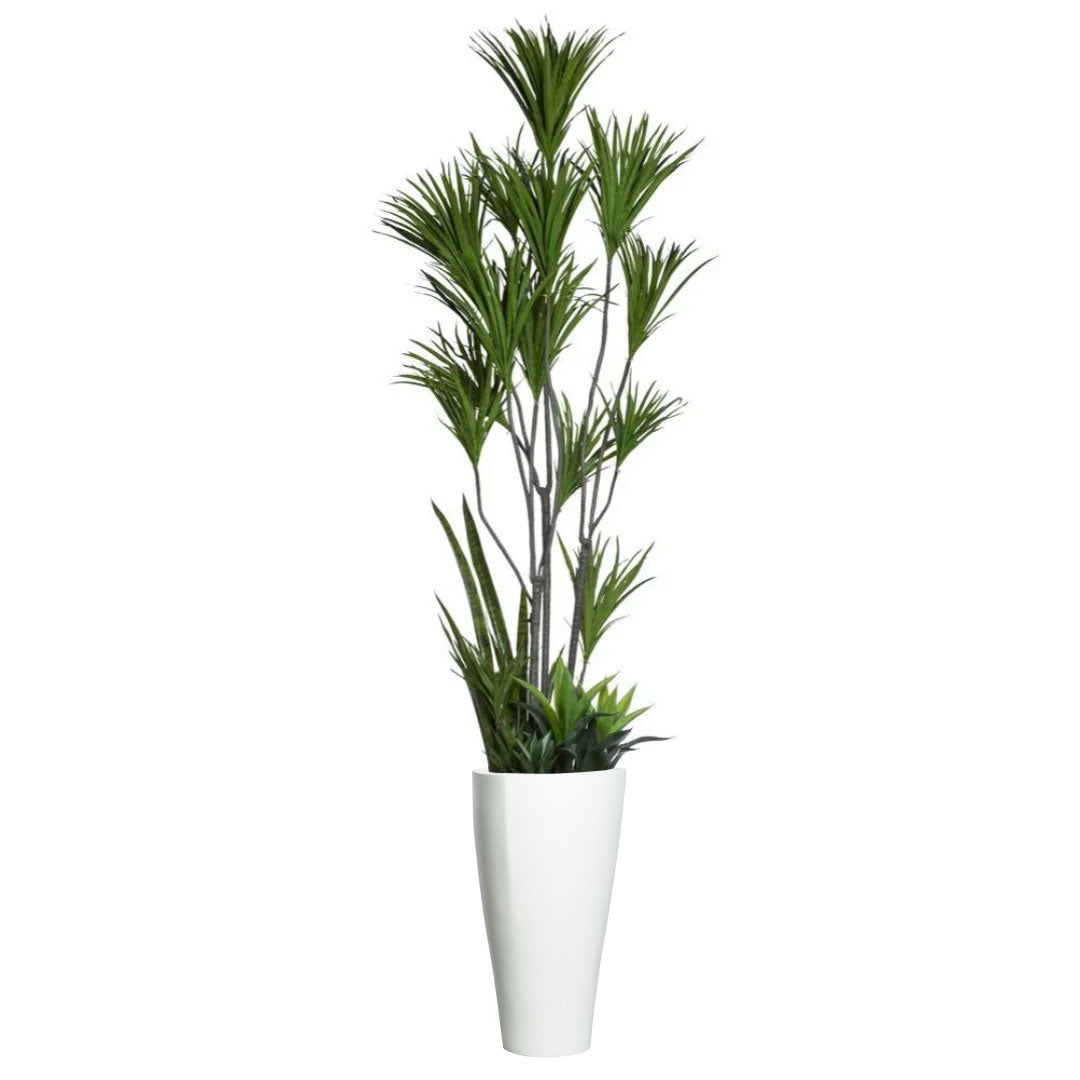 Artificial Dracaena plant arrangement in tall white planter, realistic green foliage