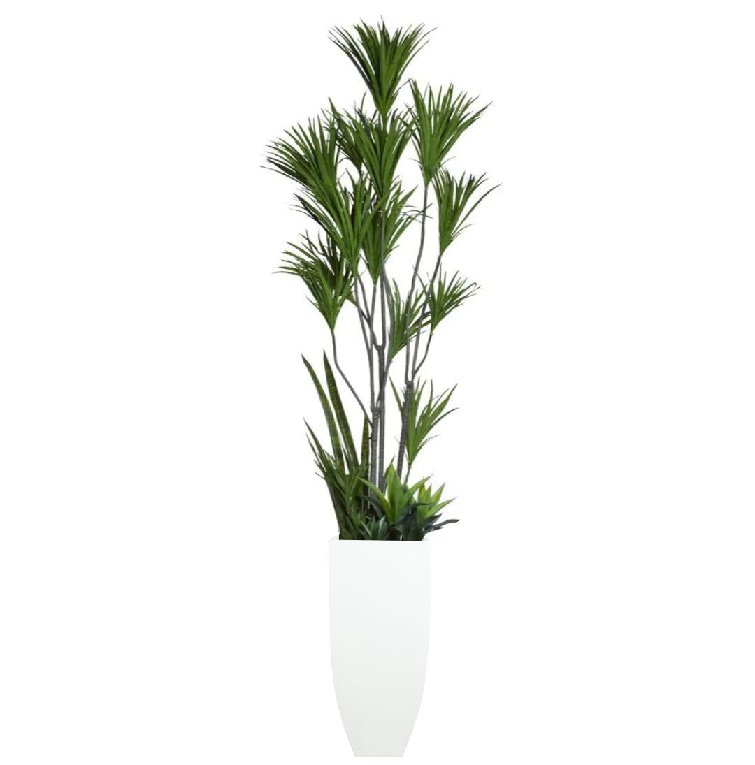 Artificial dracaena mix plant in tall white planter, realistic green foliage, isolated on white