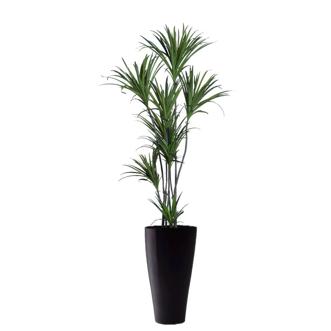 Artificial Dracaena plant with long green leaves in a modern black planter