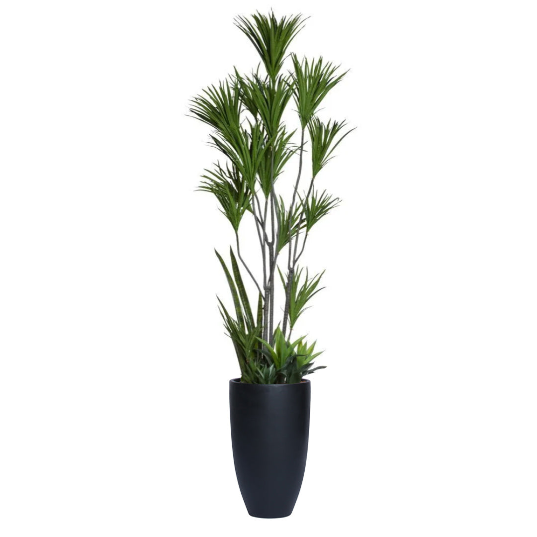 Tall artificial dracaena plant with green leaves in a sleek black pot on white background