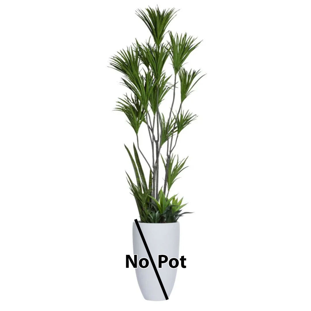 Tall artificial dracaena plant with green leaves, shown without pot on white background.