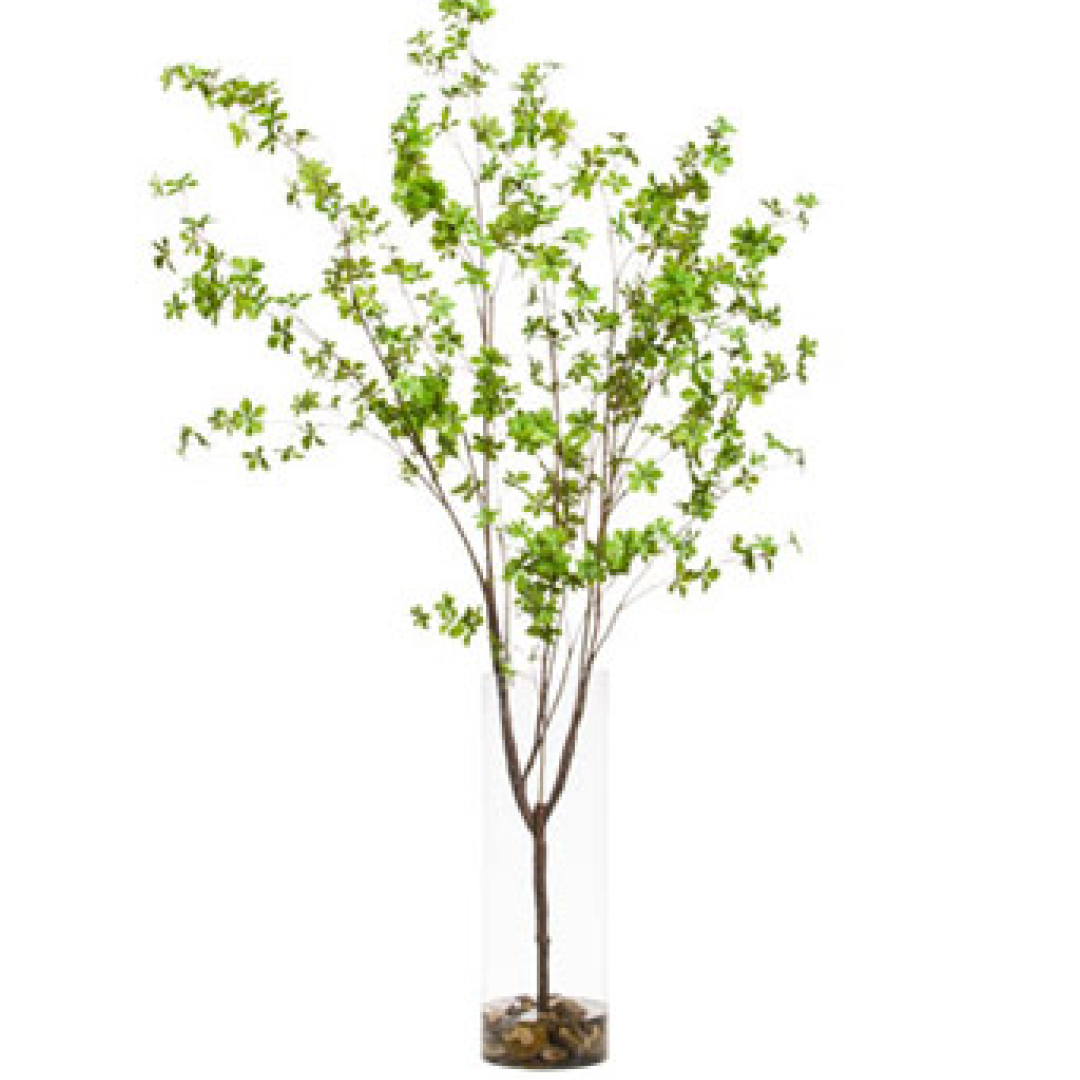 Artificial birch branch arrangement with green leaves in a tall clear vase with stones.