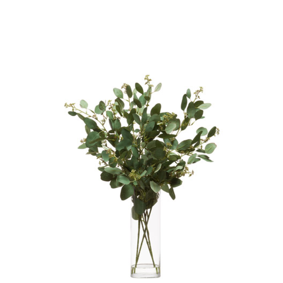Artificial eucalyptus branches in a clear glass vase, realistic green foliage arrangement