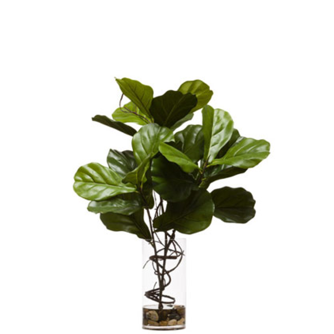 Faux fiddle leaf fig plant with large green leaves in a clear glass vase with river rocks