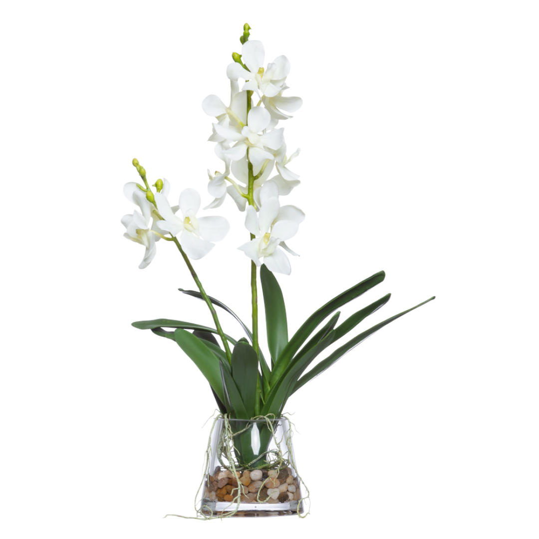 Artificial white Vanda orchid arrangement in a clear glass vase with stones and green leaves