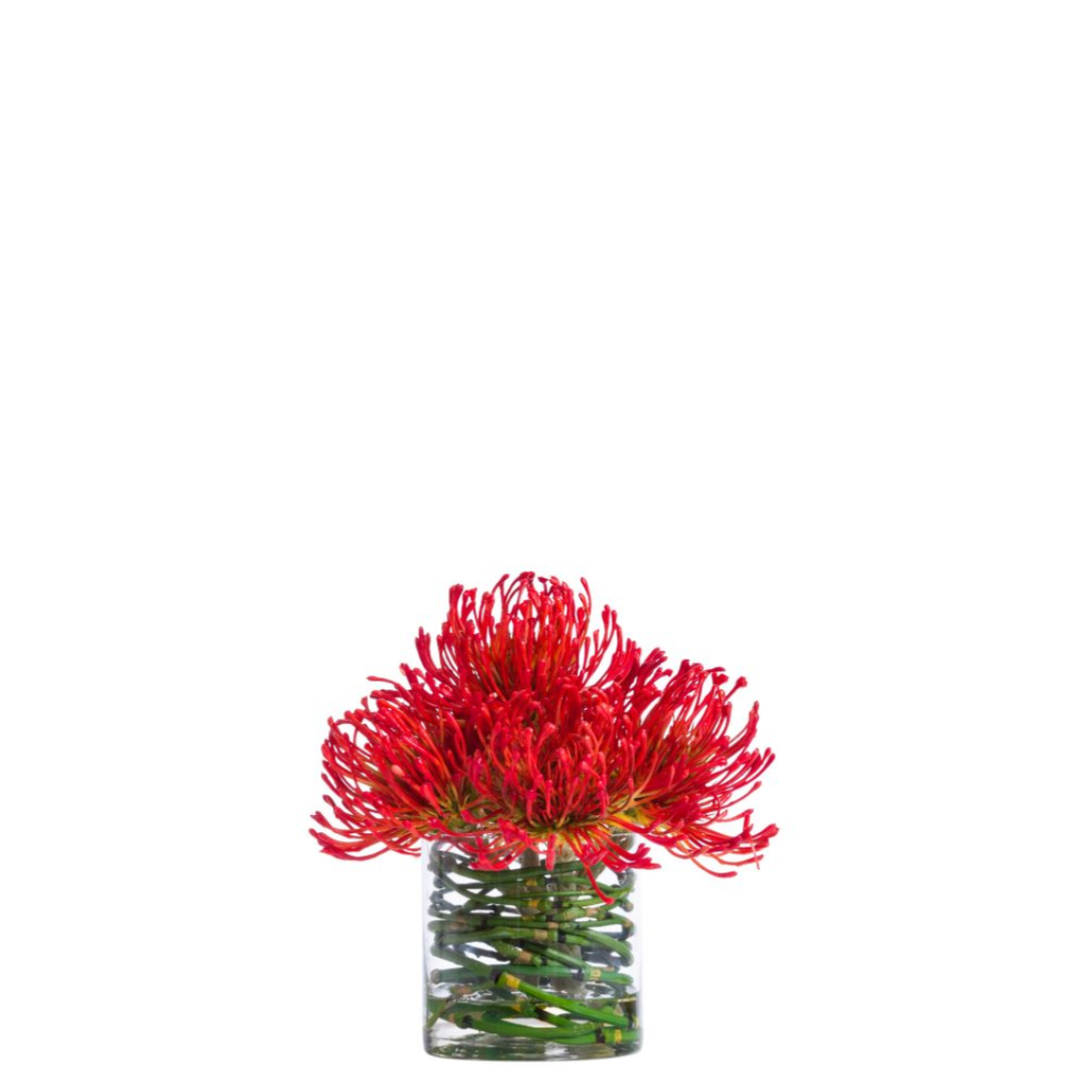 Red pincushion protea artificial floral arrangement in clear glass vase