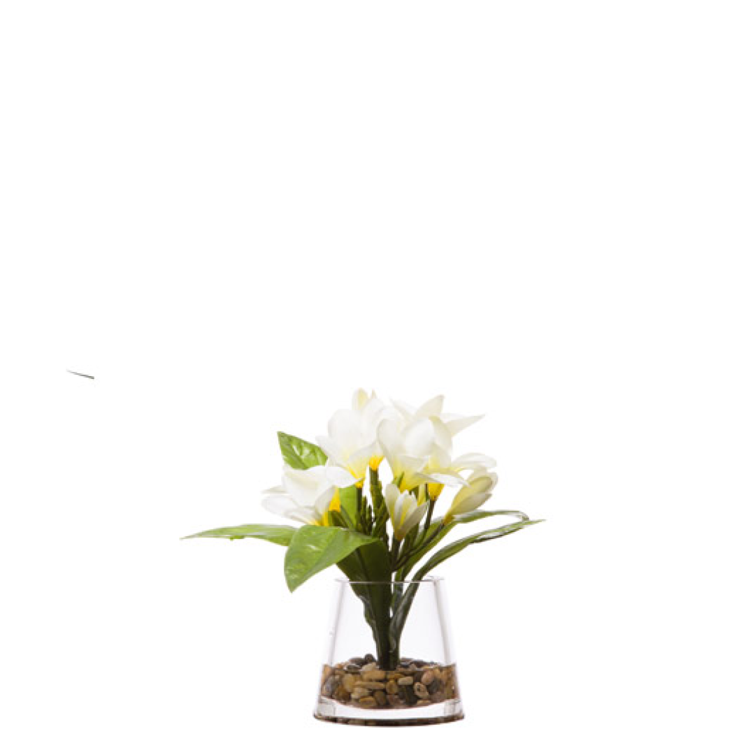 White plumeria artificial flower arrangement in a clear glass vase with pebbles