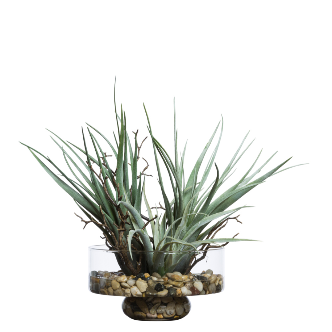 Artificial tillandsia arrangement with manzanita branches in a clear glass bowl with pebbles