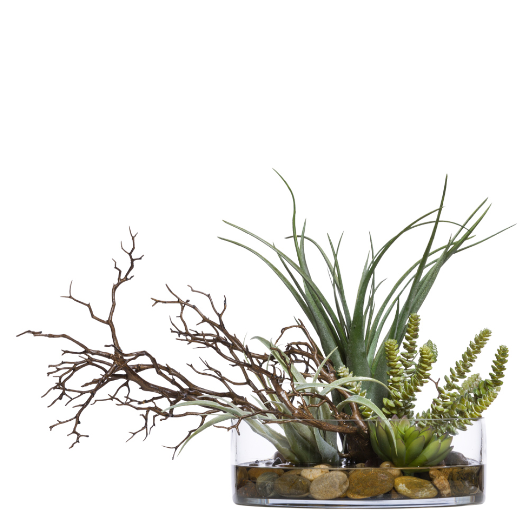 Artificial succulent and tillandsia arrangement in glass bowl with pebbles and driftwood