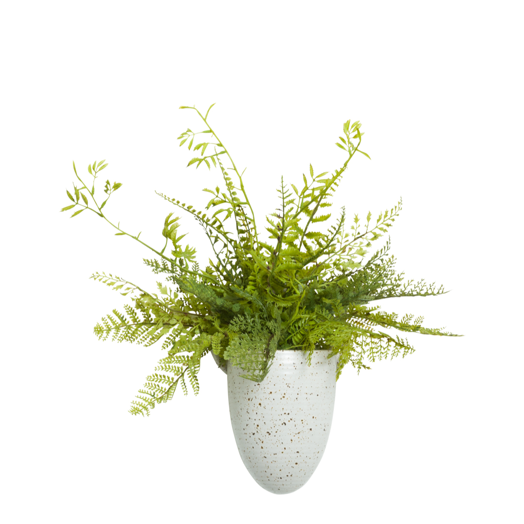 Artificial fern arrangement in speckled white wall planter, realistic green foliage