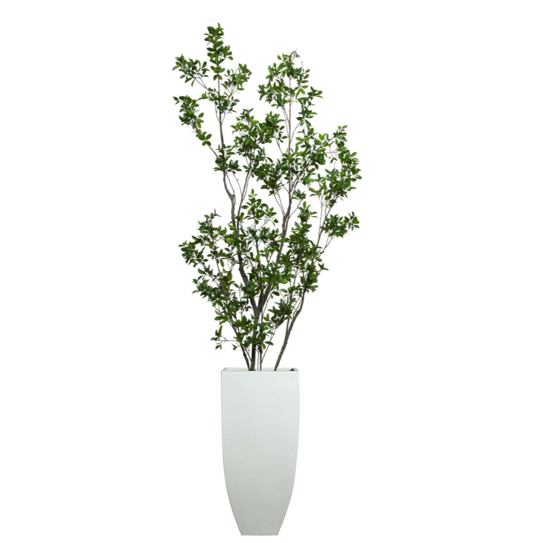 Artificial Ficus Asian tree with green leaves in a tall modern white planter