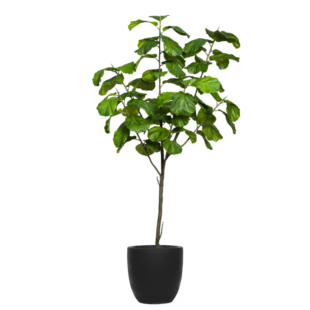 Artificial fiddle leaf fig tree with lush green leaves in a modern black planter