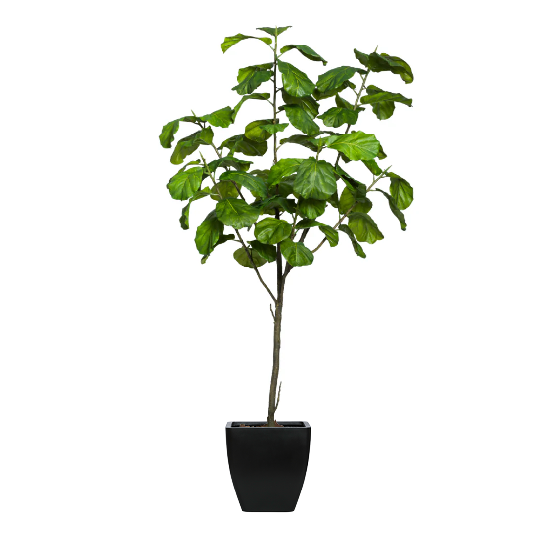 Artificial fiddle leaf fig tree in a black square planter with green foliage