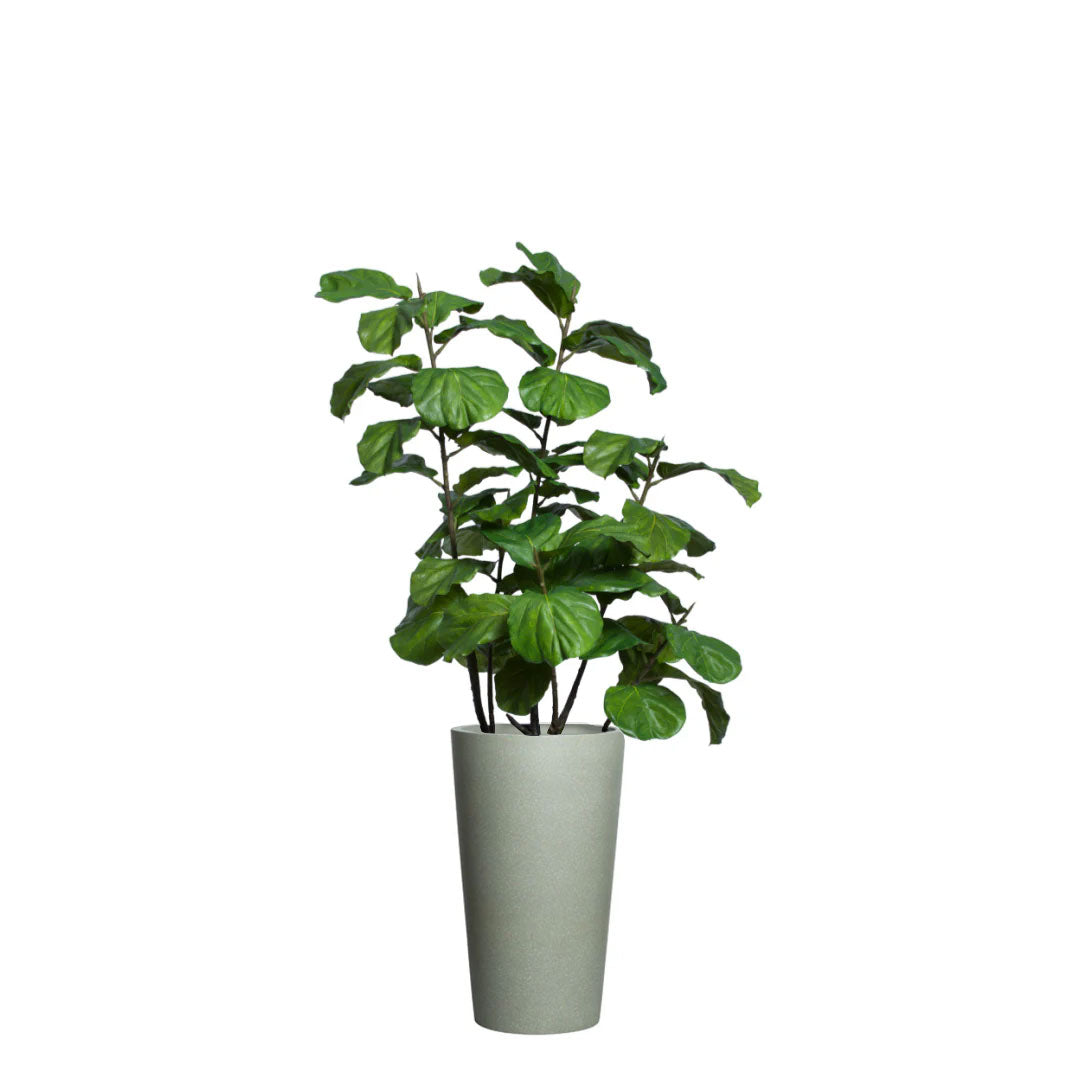 Artificial fiddle leaf fig tree with lush green leaves in a tall grey planter