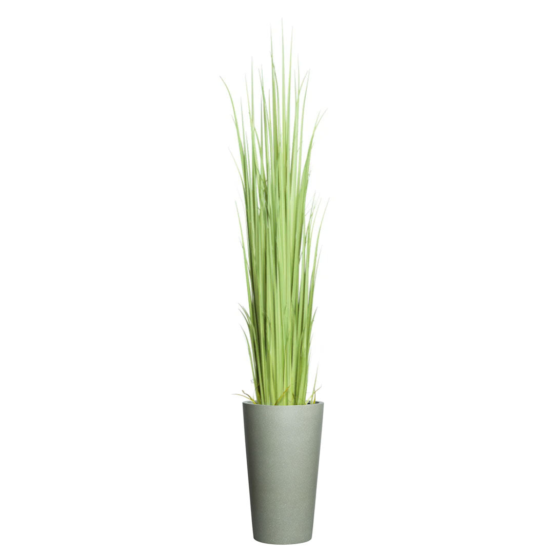 Artificial gladiolus grass in tall greystone planter against white background