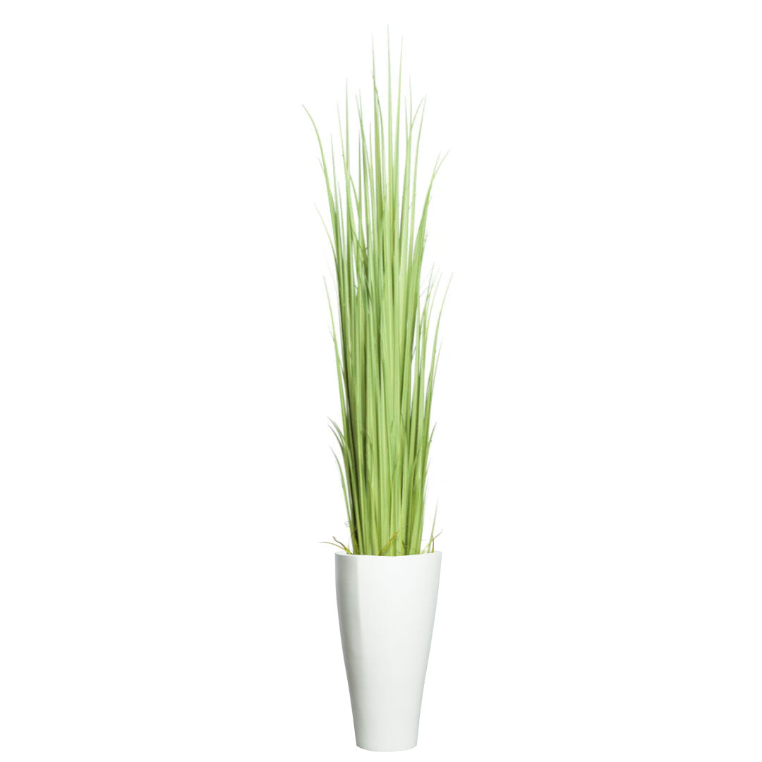Artificial gladiolus grass in tall white vase, modern decorative faux plant arrangement