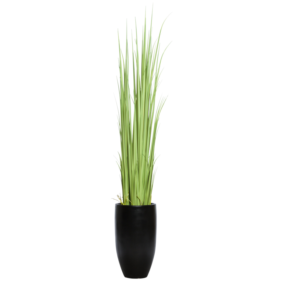 Tall artificial grass plant with slender green blades in a modern black planter