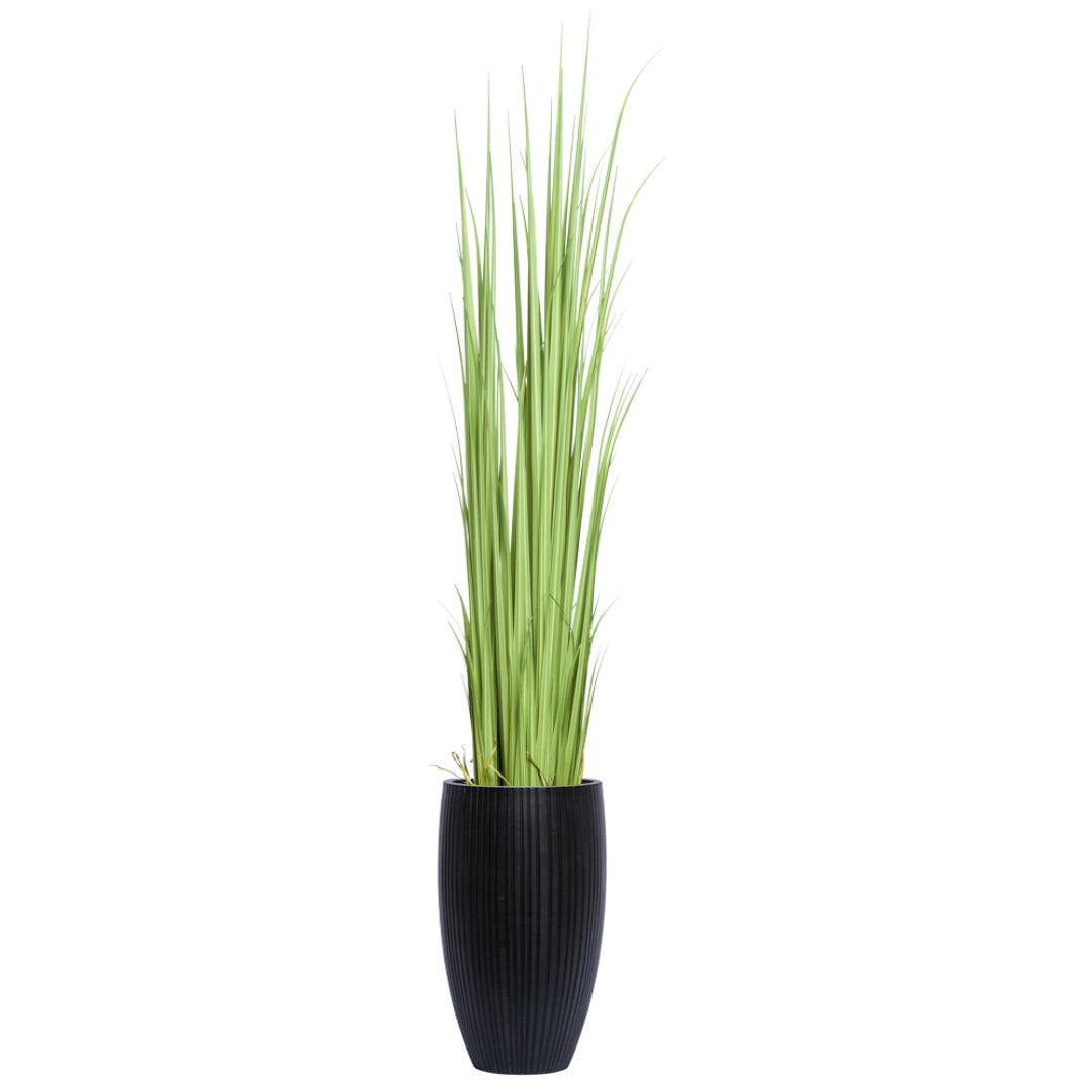 Tall artificial gladiolus grass in a ribbed black planter, modern home decor accent