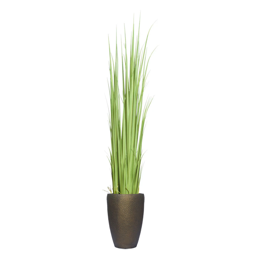Tall artificial gladiolus grass in textured bronze planter, modern decor accent