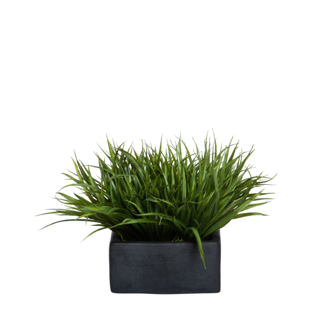 Artificial grass plant in a black rectangular planter, realistic green foliage