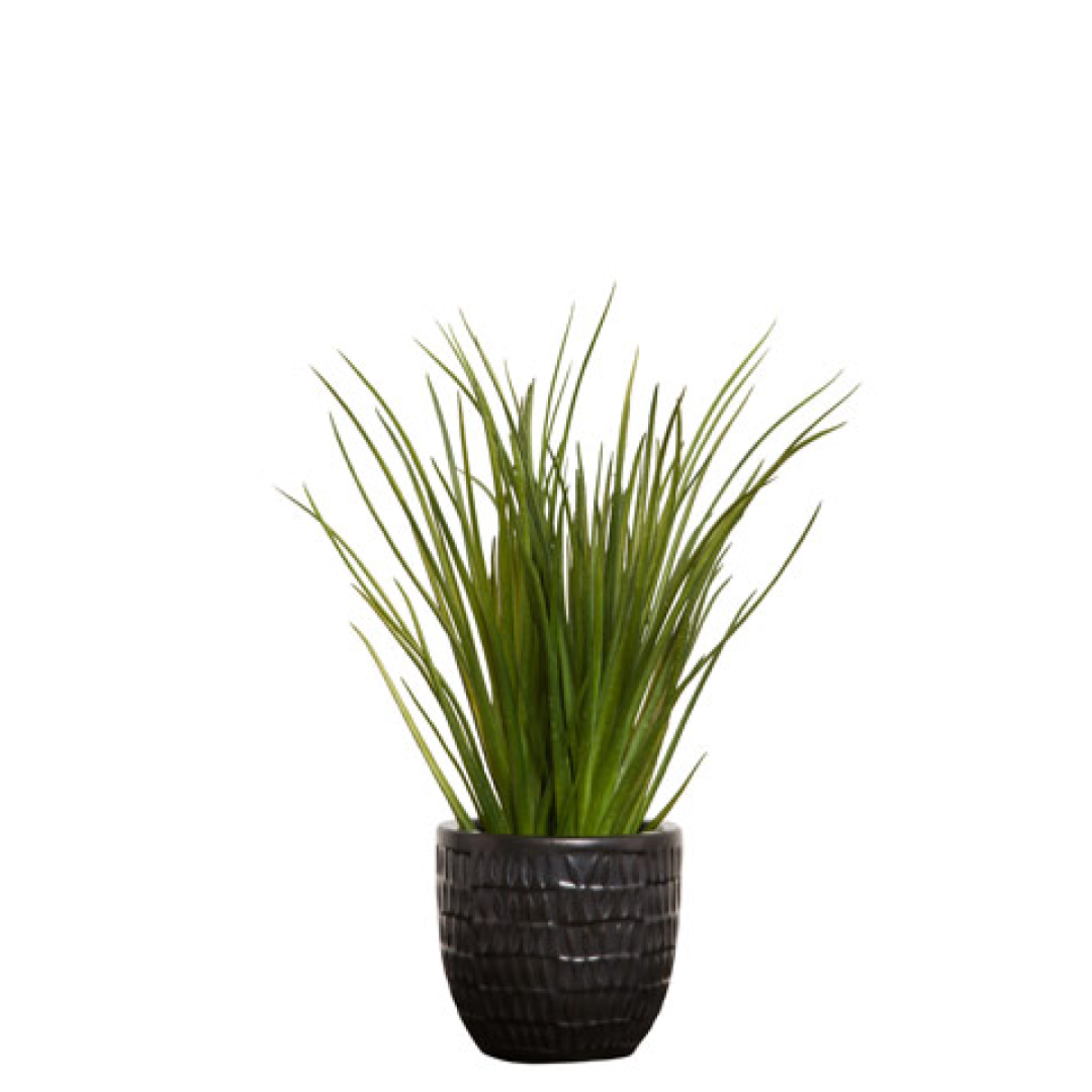 Artificial grass plant in a textured black pot with realistic green foliage