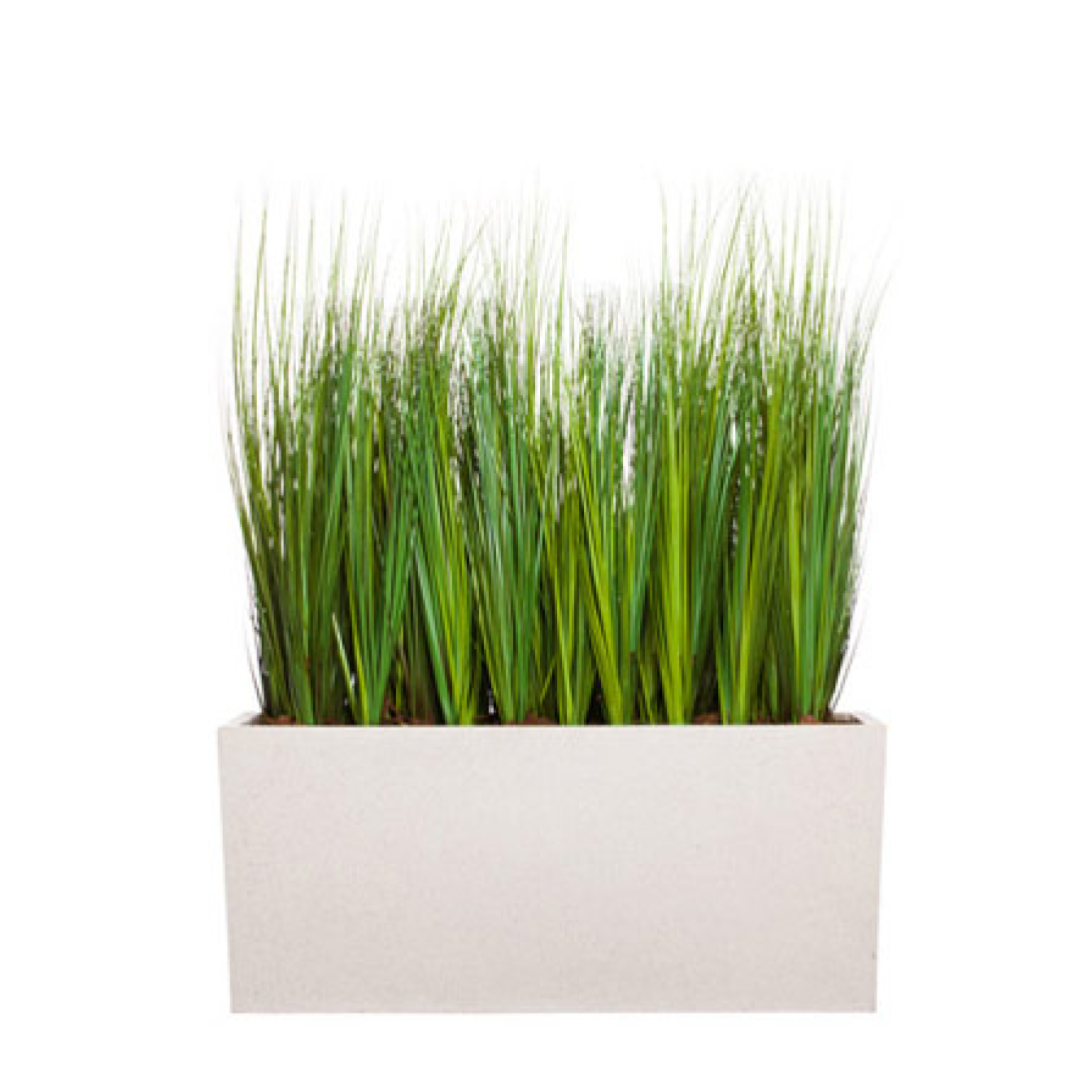 Artificial grass plant in a rectangular white planter, realistic green foliage