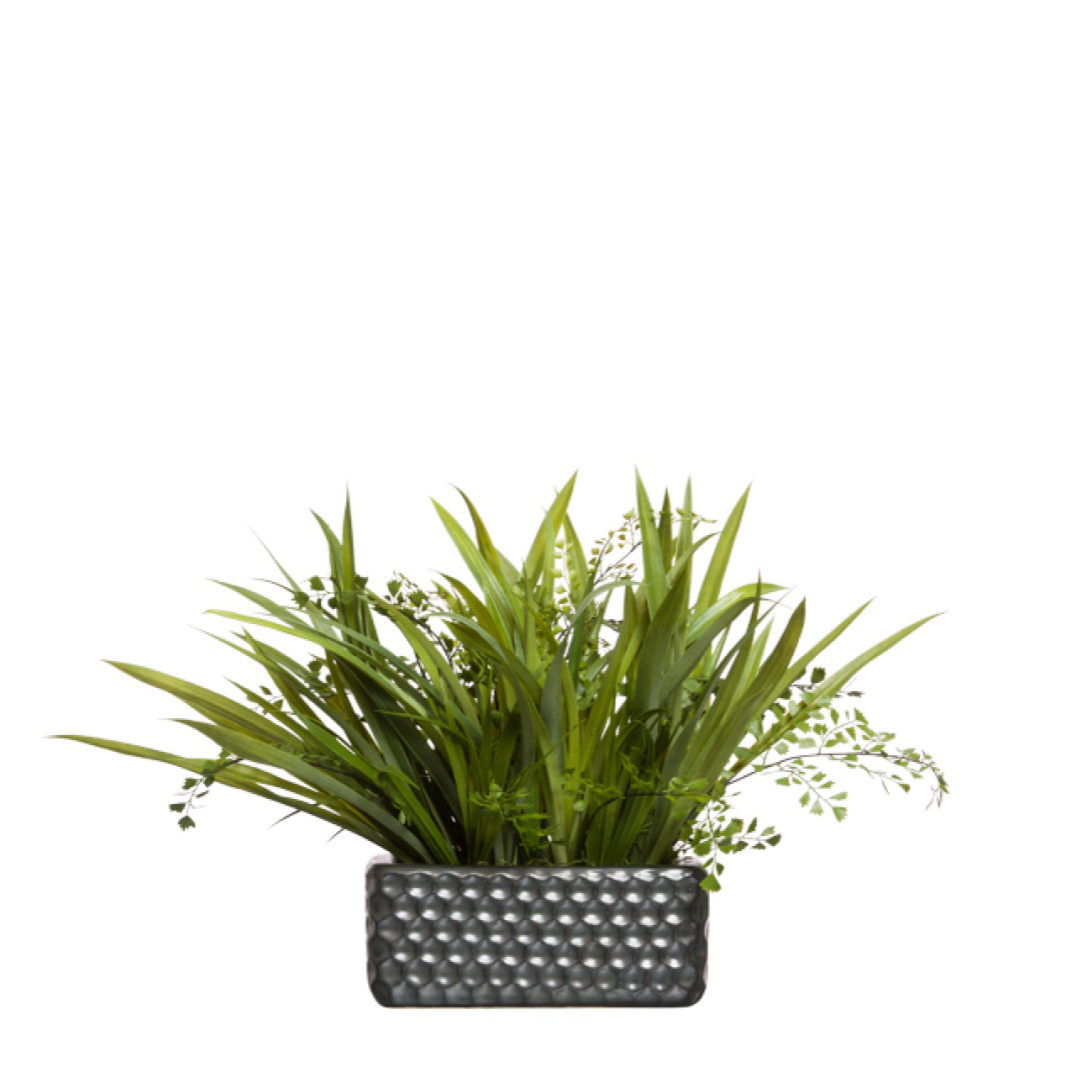 Artificial grass and fern arrangement in a textured rectangular black planter